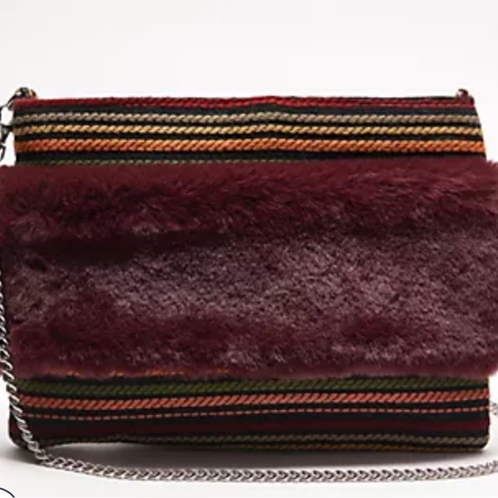 America and Beyond Brown Faux Fur Clutch with Striped Pattern NWT